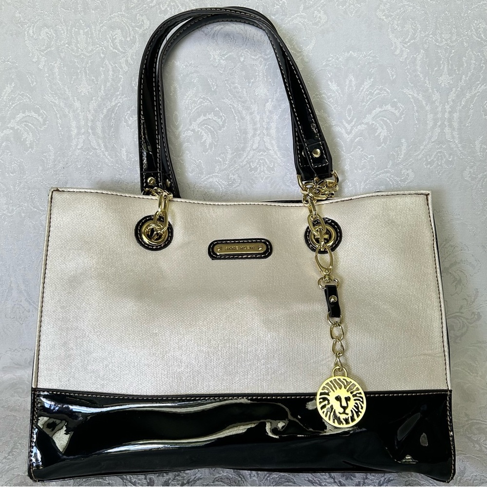 Anne Klein Cream and Black Faux Patent Leather Handbag